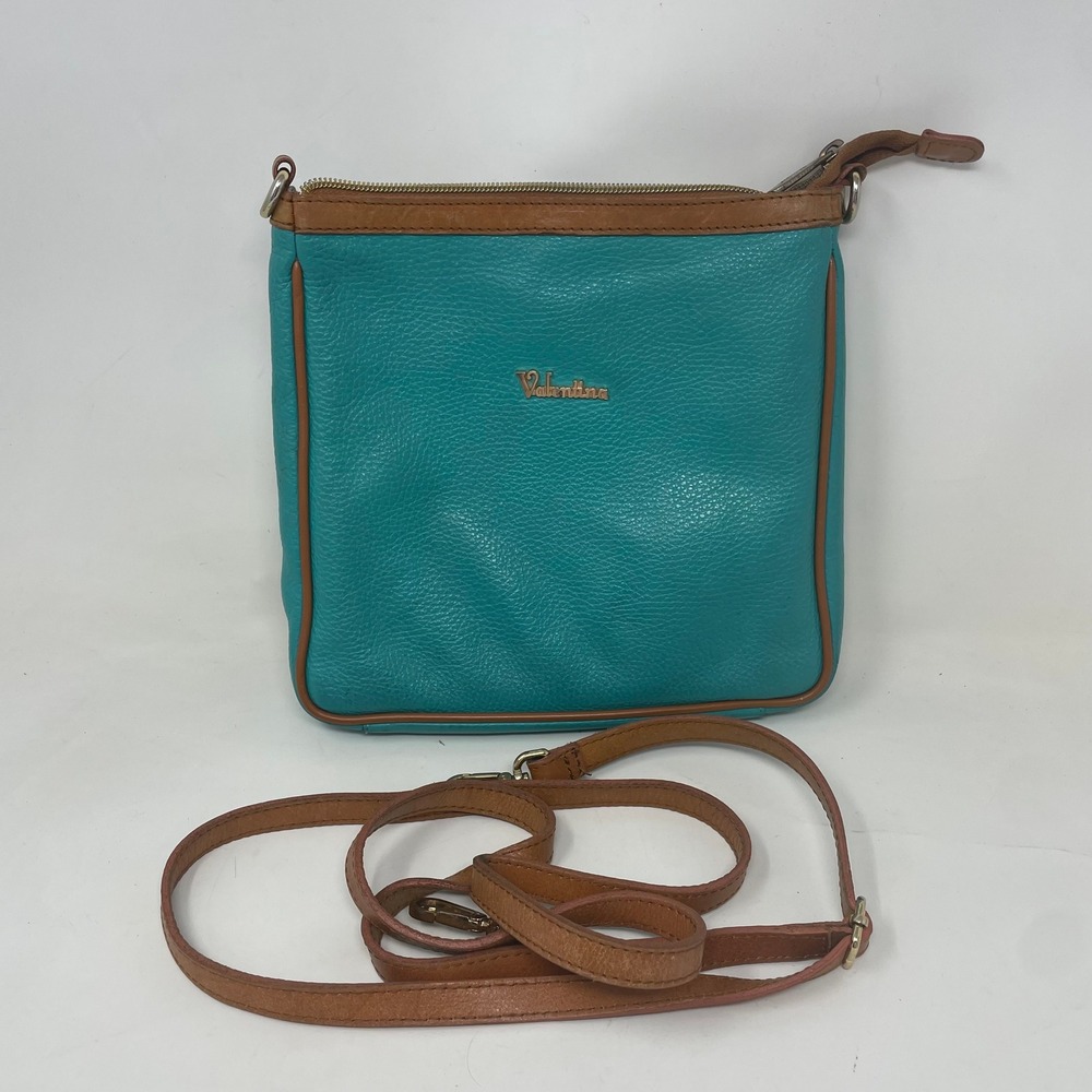 Valentina Italy Teal Blue Pebbled Leather Crossbody Bag Brown Trim Messenger